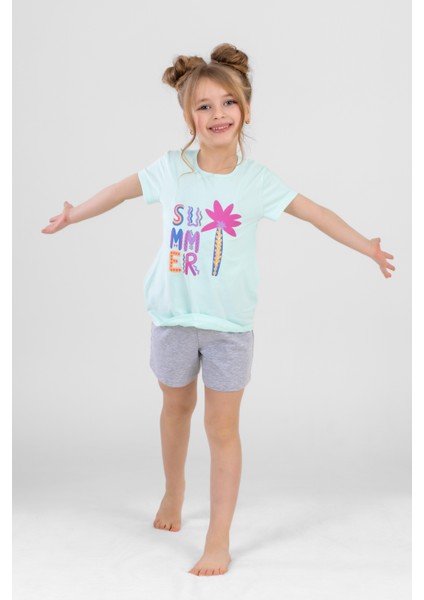 Kız Çocuk Pamuklu Bisiklet Yaka Kısa Kollu Baskılı Şortlu Pijama Takımı 9243 Yeşil fiyatları