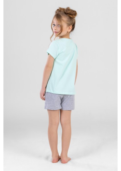 Kız Çocuk Pamuklu Bisiklet Yaka Kısa Kollu Baskılı Şortlu Pijama Takımı 9243 Yeşil modelleri