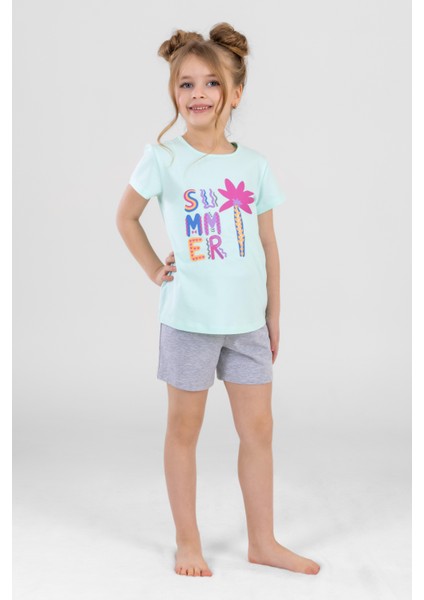 Kız Çocuk Pamuklu Bisiklet Yaka Kısa Kollu Baskılı Şortlu Pijama Takımı 9243 Yeşil fırsatları