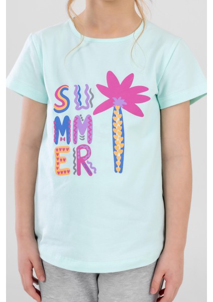 Kız Çocuk Pamuklu Bisiklet Yaka Kısa Kollu Baskılı Şortlu Pijama Takımı 9243 Yeşil indirimleri