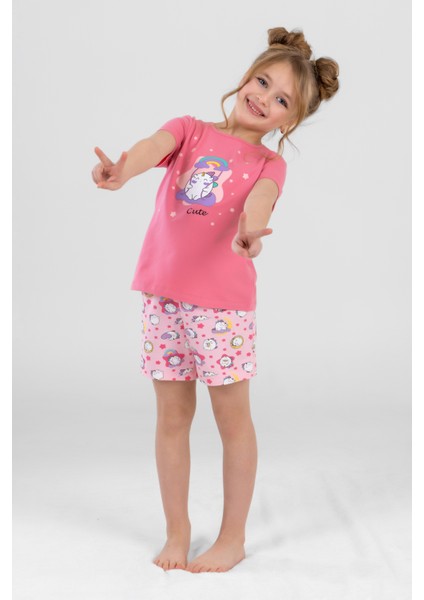 Kız Çocuk Pamuklu Bisiklet Yaka Unicorn Baskılı Kısa Kollu Şortlu Pijama Takımı 9242 Pembe