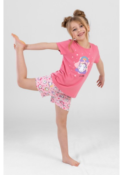 Kız Çocuk Pamuklu Bisiklet Yaka Unicorn Baskılı Kısa Kollu Şortlu Pijama Takımı 9242 Pembe fiyatları