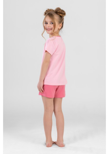 Kız Çocuk Pamuklu Bisiklet Yaka Kısa Kollu Baskılı Şortlu Pijama Takımı 9240 Pembe