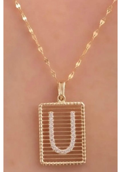 14 Ayar Altın U Harf Telli Taşlı Kolye