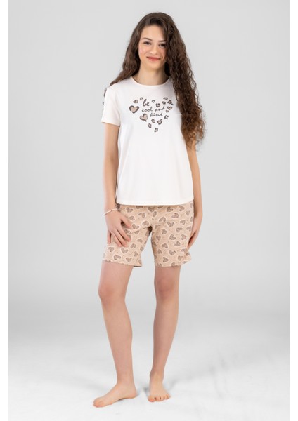 Genç Kız Çocuk Pamuklu Bisiklet Yaka Kalp Desen Baskılı Kısa Kollu Şortlu Pijama Takımı 9244 Krem
