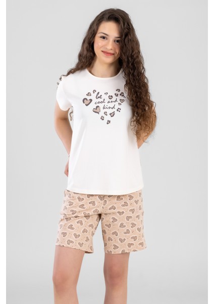 Genç Kız Çocuk Pamuklu Bisiklet Yaka Kalp Desen Baskılı Kısa Kollu Şortlu Pijama Takımı 9244 Krem fiyatları