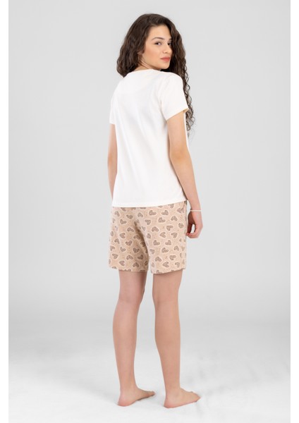 Genç Kız Çocuk Pamuklu Bisiklet Yaka Kalp Desen Baskılı Kısa Kollu Şortlu Pijama Takımı 9244 Krem modelleri