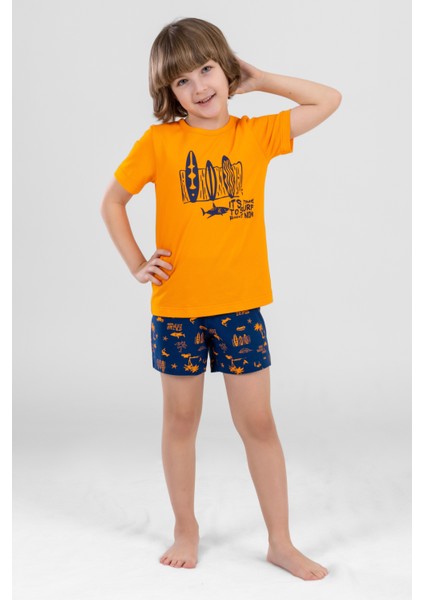 Erkek Çocuk Pamuklu Bisiklet Yaka Baskılı Kısa Kollu Şortlu Pijama Takımı 9613 Sarı