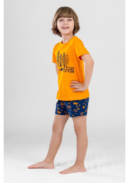 Erkek Çocuk Pamuklu Bisiklet Yaka Baskılı Kısa Kollu Şortlu Pijama Takımı 9613 Sarı modelleri