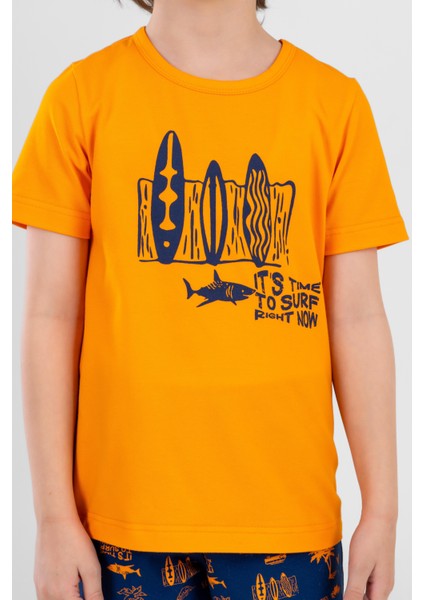 Erkek Çocuk Pamuklu Bisiklet Yaka Baskılı Kısa Kollu Şortlu Pijama Takımı 9613 Sarı fırsatları