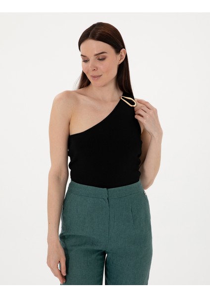 Kadın Siyah Slim Fit Triko Tişört 50301158-VR046