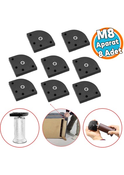 Plastik Bağlantı Aparatı M8 Civatalı Gizli Taban Kanepe Koltuk Baza Sehpa Montaj Ayak Ayağı 8 Adet