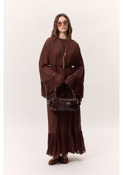 Crush Piliseli Katlı Uzun Elbise Kahverengi