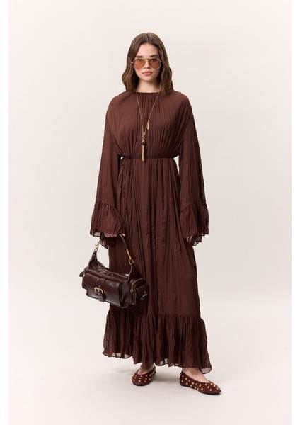 Crush Piliseli Katlı Uzun Elbise Kahverengi fiyatları