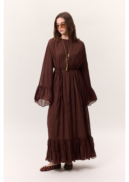 Crush Piliseli Katlı Uzun Elbise Kahverengi fırsatları