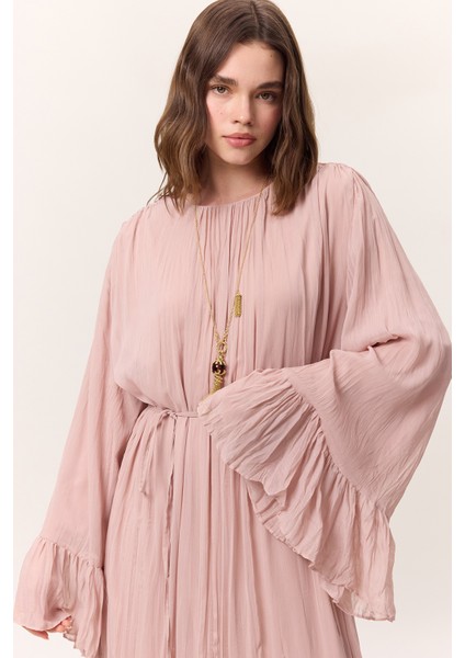 Crush Piliseli Katlı Uzun Elbise Pudra