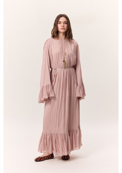 Crush Piliseli Katlı Uzun Elbise Pudra fiyatları
