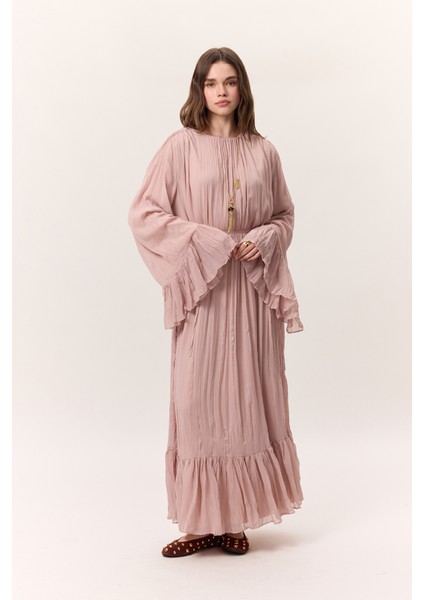 Crush Piliseli Katlı Uzun Elbise Pudra modelleri