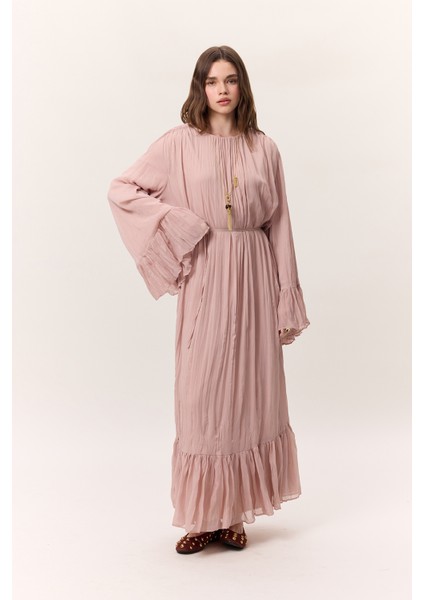 Crush Piliseli Katlı Uzun Elbise Pudra fırsatları