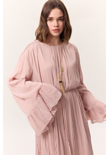 Crush Piliseli Katlı Uzun Elbise Pudra indirimleri