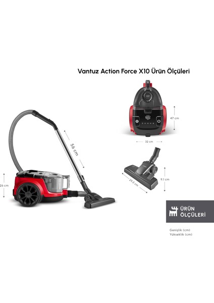 Vantuz Action Force X10 899 Watt Toz Torbasız Elektrikli Süpürge Cherry Red