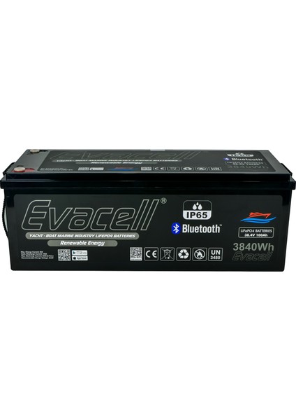 38.4V (36 Volt) 100 Ah Amper LiFePO4 Lityum Demir Fosfat 3840 Wh Akü Bluetooth IP65 Marin Karavan Akü