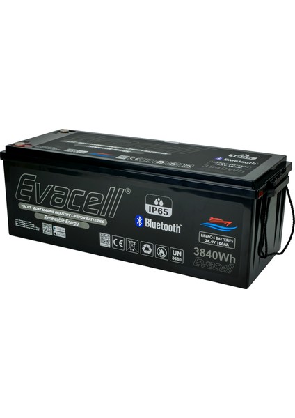38.4V (36 Volt) 100 Ah Amper LiFePO4 Lityum Demir Fosfat 3840 Wh Akü Bluetooth IP65 Marin Karavan Akü
