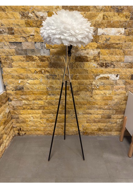 Tripod Modern Gerçek Kuş Tüyü Metal Gold Beyaz Lambader