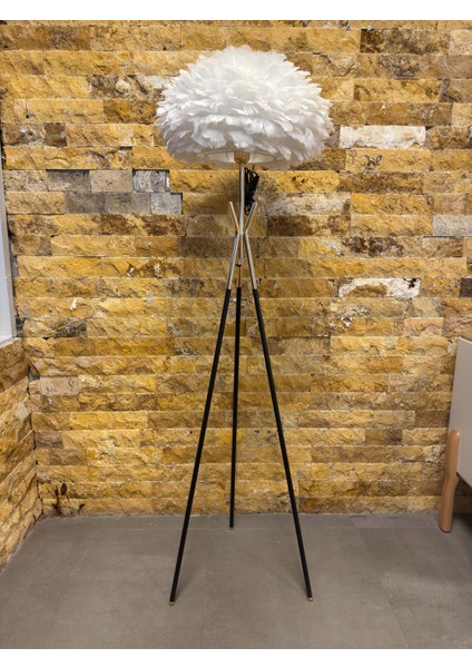 Tripod Modern Gerçek Kuş Tüyü Metal Gold Beyaz Lambader