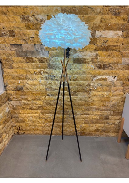 Tripod Modern Gerçek Kuş Tüyü Metal Gold Beyaz Lambader