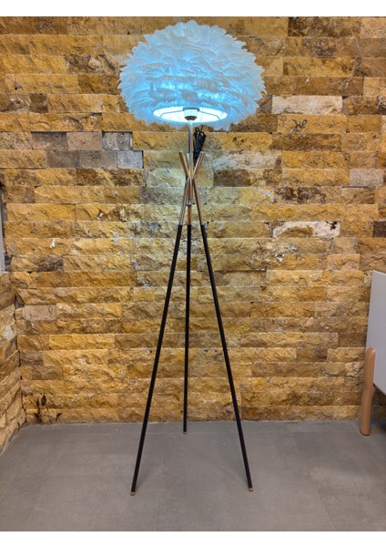 Tripod Modern Gerçek Kuş Tüyü Metal Gold Beyaz Lambader