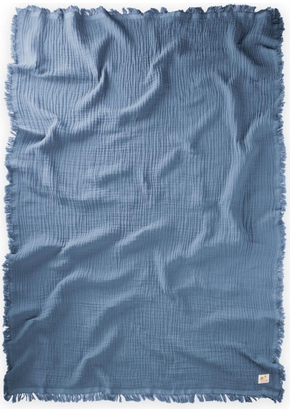 Dört Kat Püsküllü Battaniye 80X120 Cm İndigo Mavi