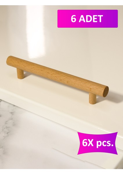 6 Adet Roll Ahşap Kulp Çekmece Kulpu Modern Dolap Kolu Mobilya Kulp Natürel