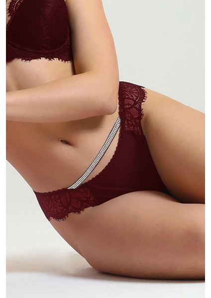 686 Kadın Arkası Dantelli Taşlı Slip Külot-Bordo fiyatları