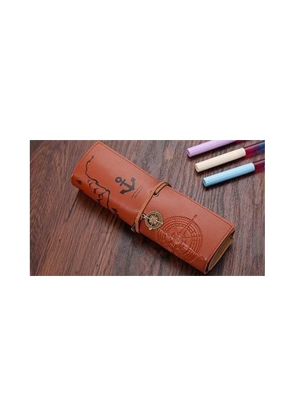 Kahverengi-3 Tarzı Vintage Retro Hazine Haritası Kalem Kutusu Lüks Rulo Deri Pu Kalem Çantası Kılıfı Okul Malzemeleri Makyaj Kozmetik Çantası (Yurt Dışından)