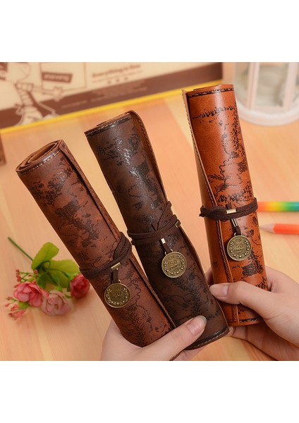 Kahverengi-3 Tarzı Vintage Retro Hazine Haritası Kalem Kutusu Lüks Rulo Deri Pu Kalem Çantası Kılıfı Okul Malzemeleri Makyaj Kozmetik Çantası (Yurt Dışından) fiyatları