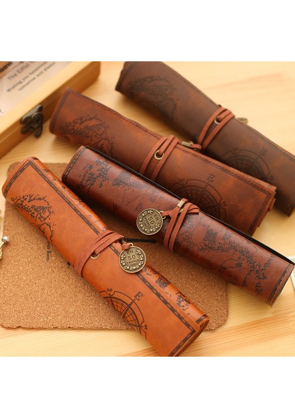 Kahverengi-3 Tarzı Vintage Retro Hazine Haritası Kalem Kutusu Lüks Rulo Deri Pu Kalem Çantası Kılıfı Okul Malzemeleri Makyaj Kozmetik Çantası (Yurt Dışından) modelleri