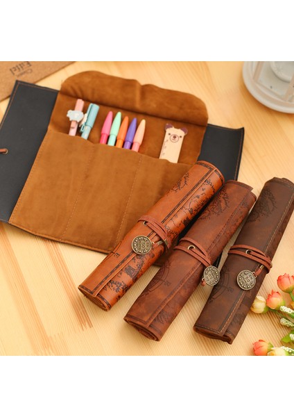 Kahverengi-3 Tarzı Vintage Retro Hazine Haritası Kalem Kutusu Lüks Rulo Deri Pu Kalem Çantası Kılıfı Okul Malzemeleri Makyaj Kozmetik Çantası (Yurt Dışından) fırsatları