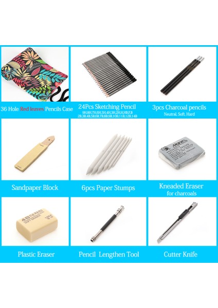 36 Kırmızı Yaprak Set Stili Profesyonel Çizim Kiti Ahşap Kalem Çanta Ile Sanat Malzemeleri (Yurt Dışından)