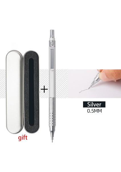 0,5 mm Gümüş Tarzı 0.5b Mekanik Kalem Yüksek Metal Otomatik Çizim Kalem Metal Kalem Kutusu ile Sevimli Kırtasiye Okul Malzemeleri (Yurt Dışından)