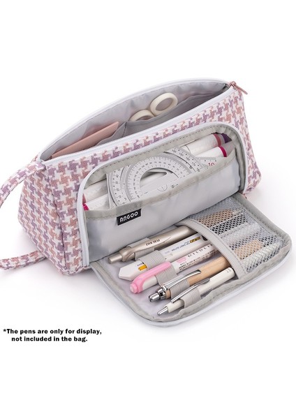 Houndstooth Pembe Tarzı Angoo [özel] Karelı Kalem Kalem Kutusu, Çoklu Yuva Izgaralı Büyük Depolama Çantası, Organizatör Kırtasiye Kozmetik Öğrenci Okul Hediye F443 (Yurt Dışından)