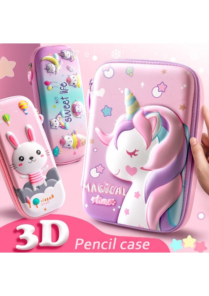 Küçük Ay Tek Boynuzlu At Stili Okul Öğrencisi Sevimli Pembe Unicorn Karikatür 3D Kalem Kutusu Saklama Kutusu Kalem Çantası Kawaii Kız Kılıf Silgi Tutucu Kırtasiye (Yurt Dışından)