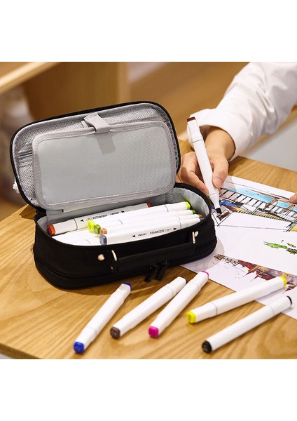 Siyah Stil Kanvas Çift Katmanlı Büyük Kapasiteli Sevimli Çocuklar Okul Malzemeleri Makyaj Çantası Kalem Kutusu Öğrenci Kılıfı Kırtasiye Hediyesi (Yurt Dışından) modelleri