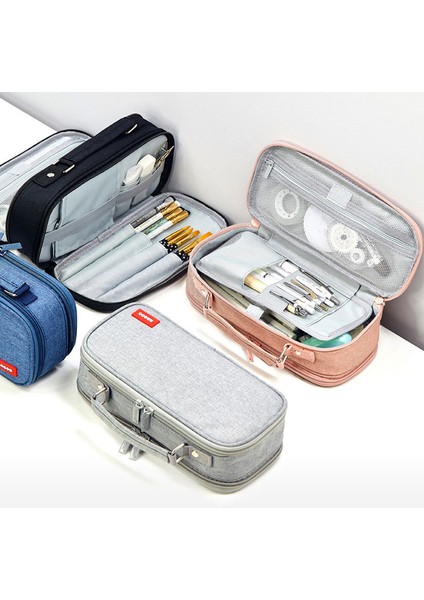 Siyah Stil Kanvas Çift Katmanlı Büyük Kapasiteli Sevimli Çocuklar Okul Malzemeleri Makyaj Çantası Kalem Kutusu Öğrenci Kılıfı Kırtasiye Hediyesi (Yurt Dışından) indirimleri