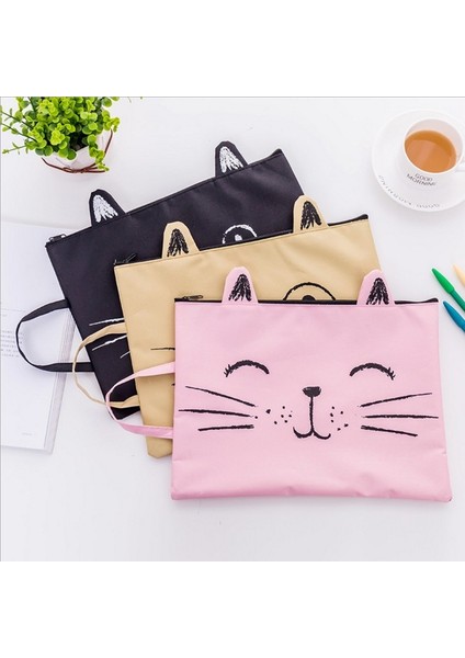 Siyah Stil 1 Adet Sevimli Kedi Kedi Şirin Fermuarlı Kumaş Dosya Klasörü Belge Defter Organizatör Çanta Öğrenciler Ofis Kırtasiye (Yurt Dışından)