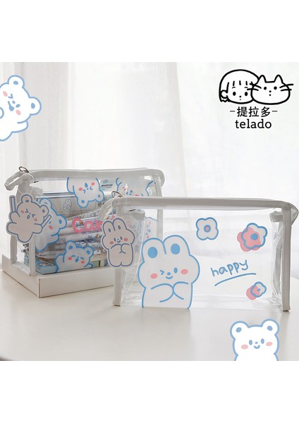 Bir Stil Sevimli Tavşan Şeffaf Pvc Fermuarlı Kalem Kalem Kutusu Seyahat Toiletry Çantası Büyük Kapasiteli Kırtasiye (Yurt Dışından) indirimleri