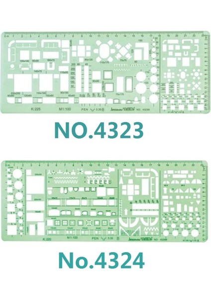 4323 ve 4324 Stili 1:100 ve 1:200 Çift Ölçek Şablon Mimar Kombinasyon Çoklu Tasarım Şablonu Semboller Teknik Çizim Çizim Hayır.- (Yurt Dışından)