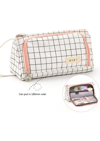 Keten Izgara Stili Siyah Beyaz Izgara Kore Sevimli Kalem Kutusu Büyük Kalem Kutusu Kawaii Fermuarlı Çok Fonksiyonlu Saklama Çantası Estuche Escolar Okul Malzemeleri (Yurt Dışından)