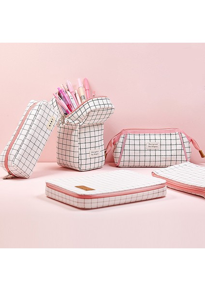 Keten Izgara Stili Siyah Beyaz Izgara Kore Sevimli Kalem Kutusu Büyük Kalem Kutusu Kawaii Fermuarlı Çok Fonksiyonlu Saklama Çantası Estuche Escolar Okul Malzemeleri (Yurt Dışından) modelleri