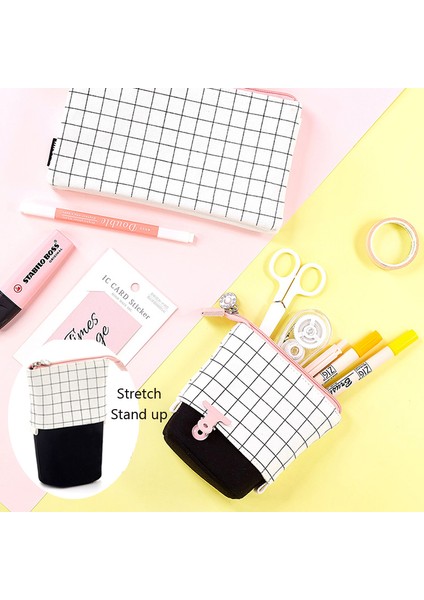 Keten Izgara Stili Siyah Beyaz Izgara Kore Sevimli Kalem Kutusu Büyük Kalem Kutusu Kawaii Fermuarlı Çok Fonksiyonlu Saklama Çantası Estuche Escolar Okul Malzemeleri (Yurt Dışından) indirimleri